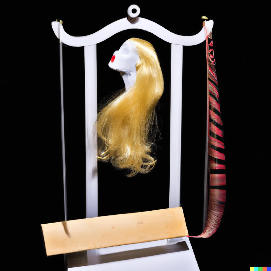 Prompt: A rayograph on black background with a wire spool, a wooden scale, isolated red lips and long blonde hair.