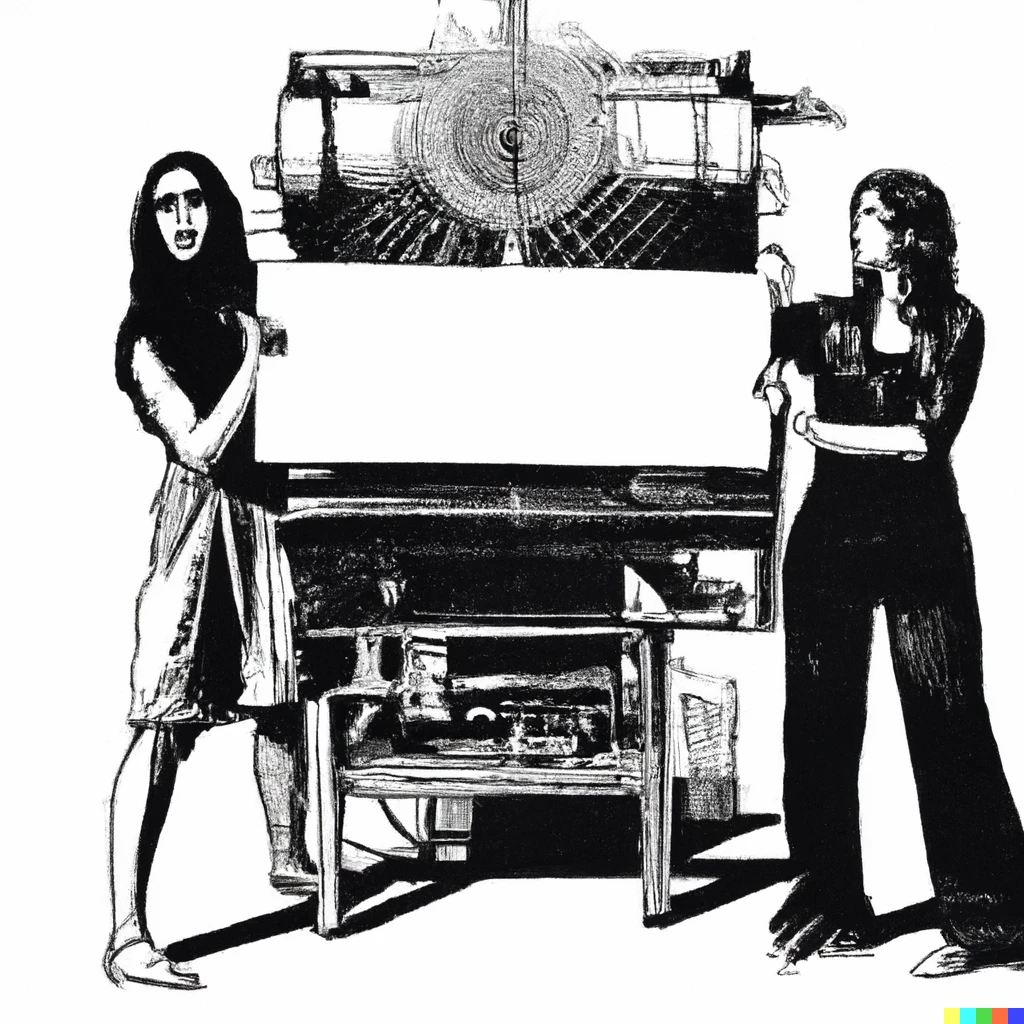 Prompt: A black and white rayograph of two woman holding a big and blank poster and a machine to destroy the current system.