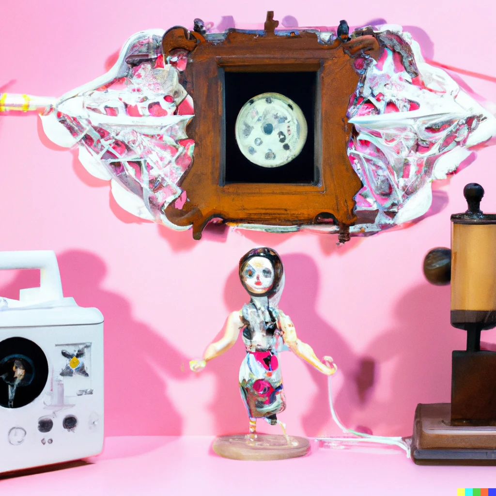 Prompt: A rayograph on a antique pink background with a loom, a porcelain doll head, isolated wooden hand and a cuckoo clock.