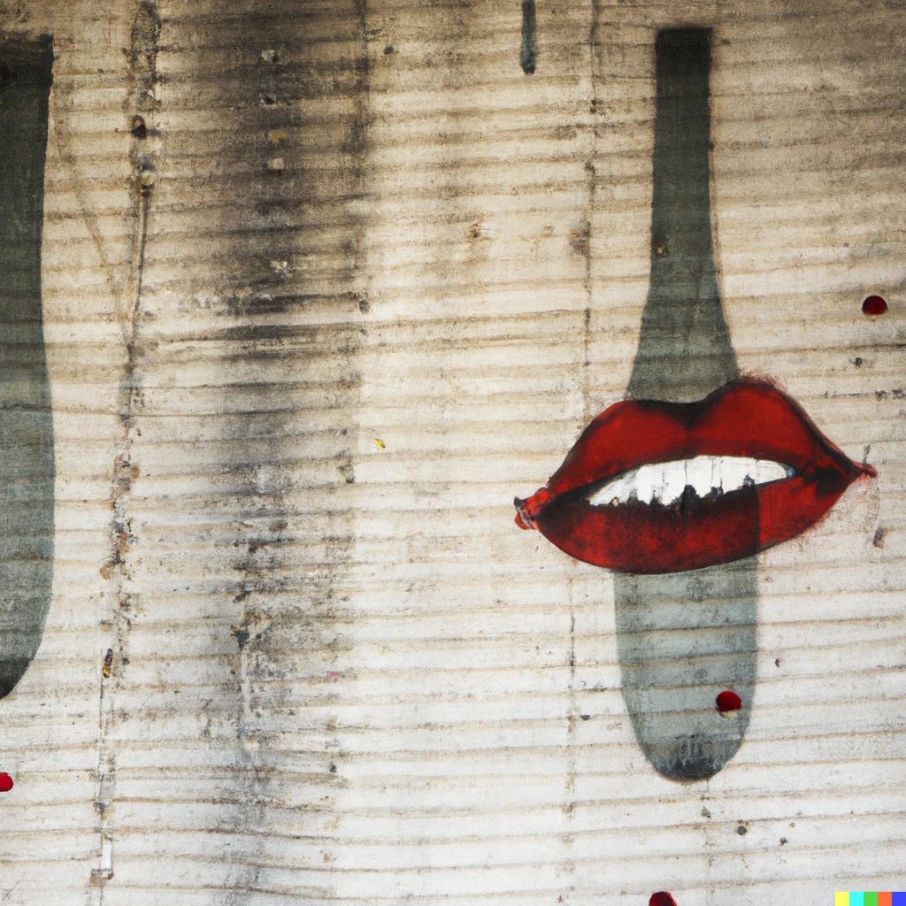 Prompt: Man Ray's red lips hang on the wall of an abandoned bottle factory