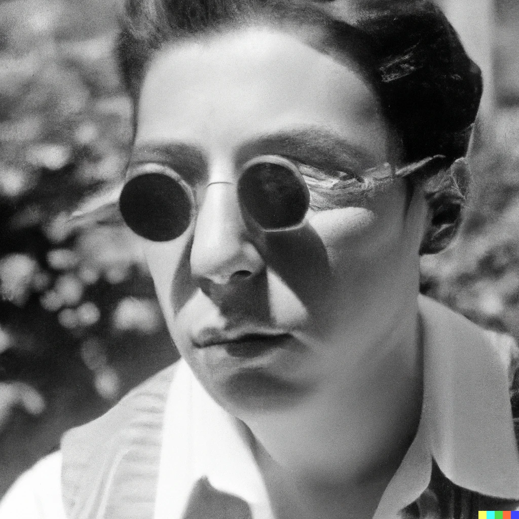 Prompt: Andre Breton with sunglasses in the long summer of 1924