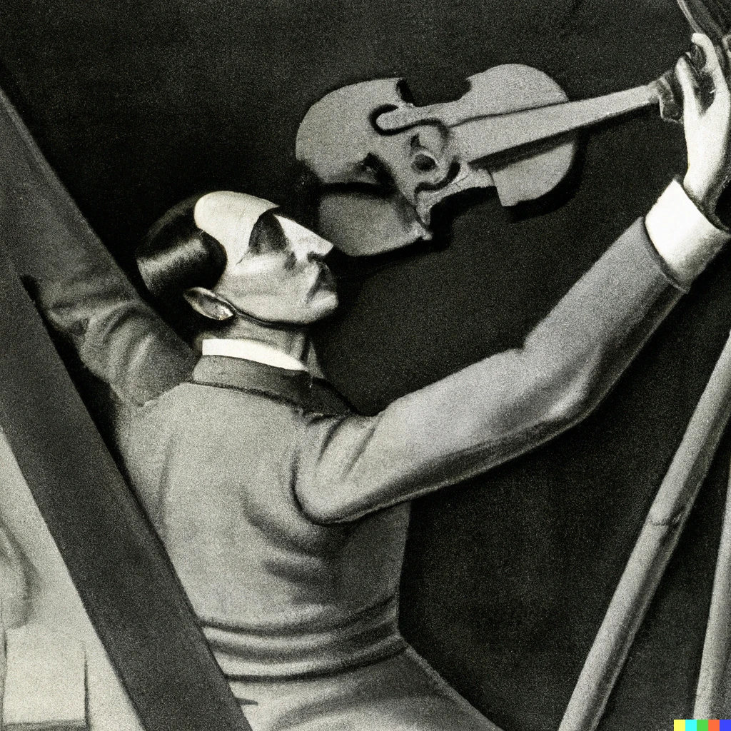 Prompt: Man Ray plays the violon d'Ingres when he was not painting