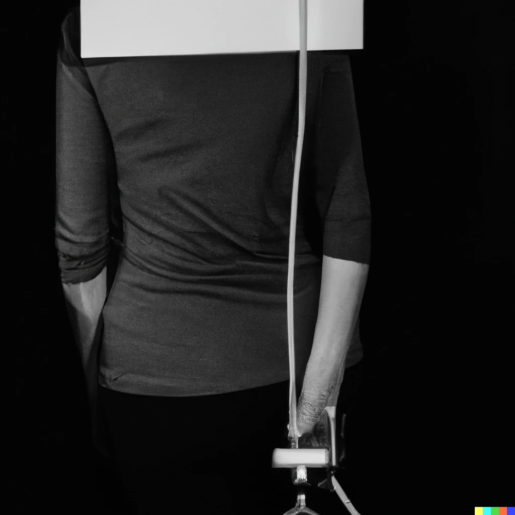 Prompt: A black and white rayograph of a  woman holding a blank poster and a cable to trigger a camera.