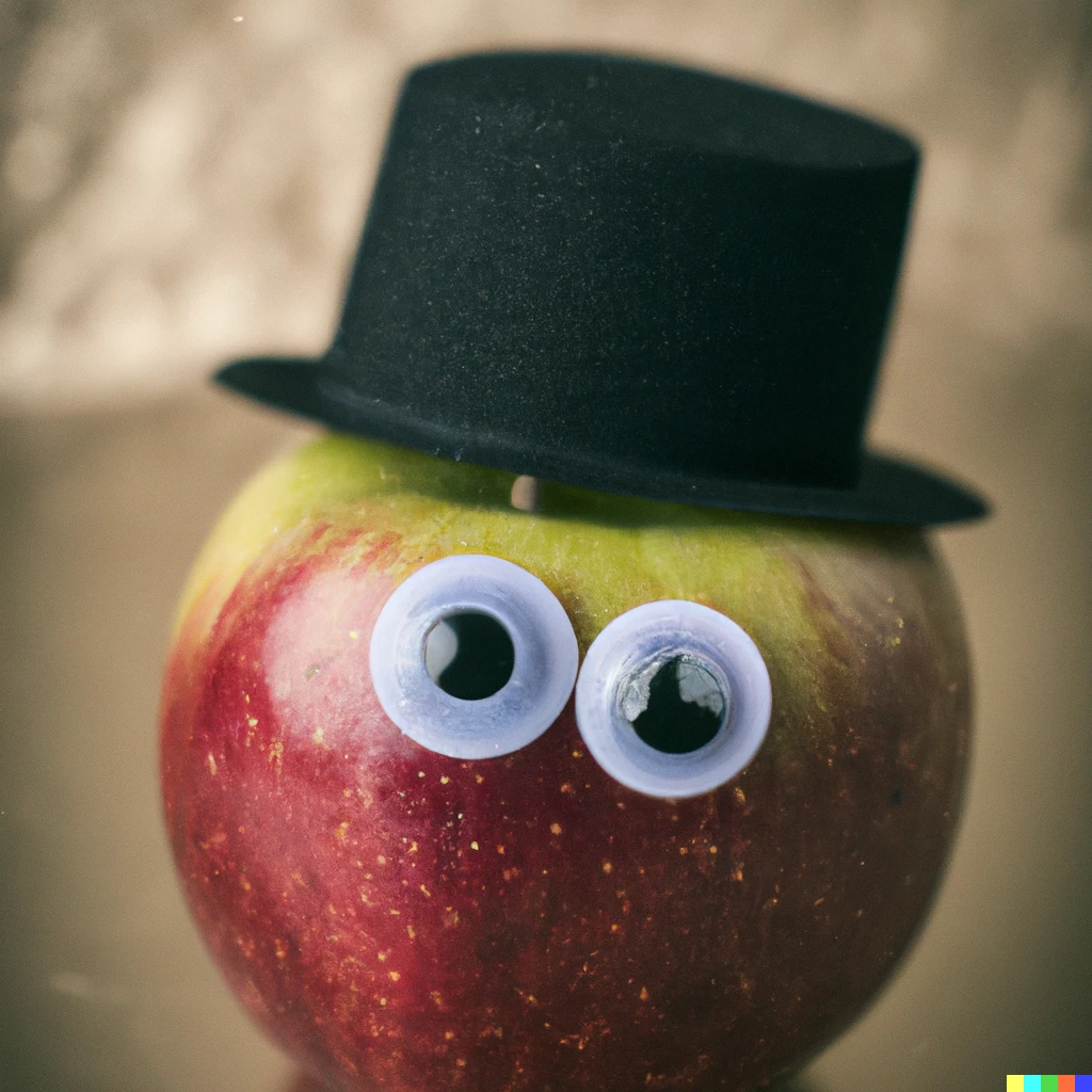 Prompt: An apple with googly eyes and a top hat, photograph