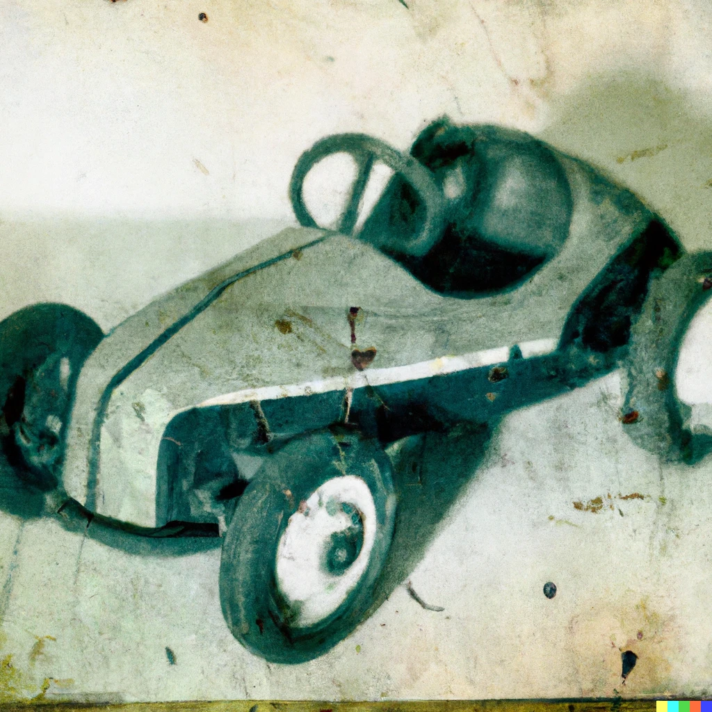 Prompt: A close up of a vintage toy car, old photograph, deteriorated 