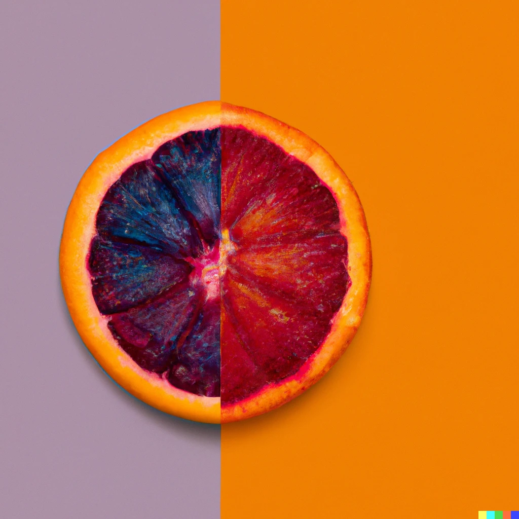 Prompt: An orange that is half red and half blue on a background that is half orange and half purple, stock photo, simple