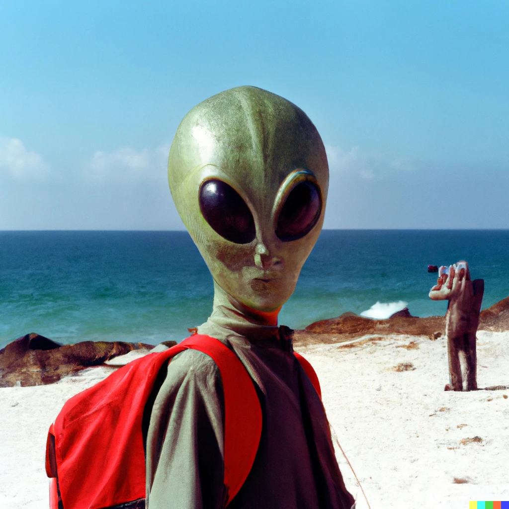 Prompt: An alien tourist on Earth, photograph, low res