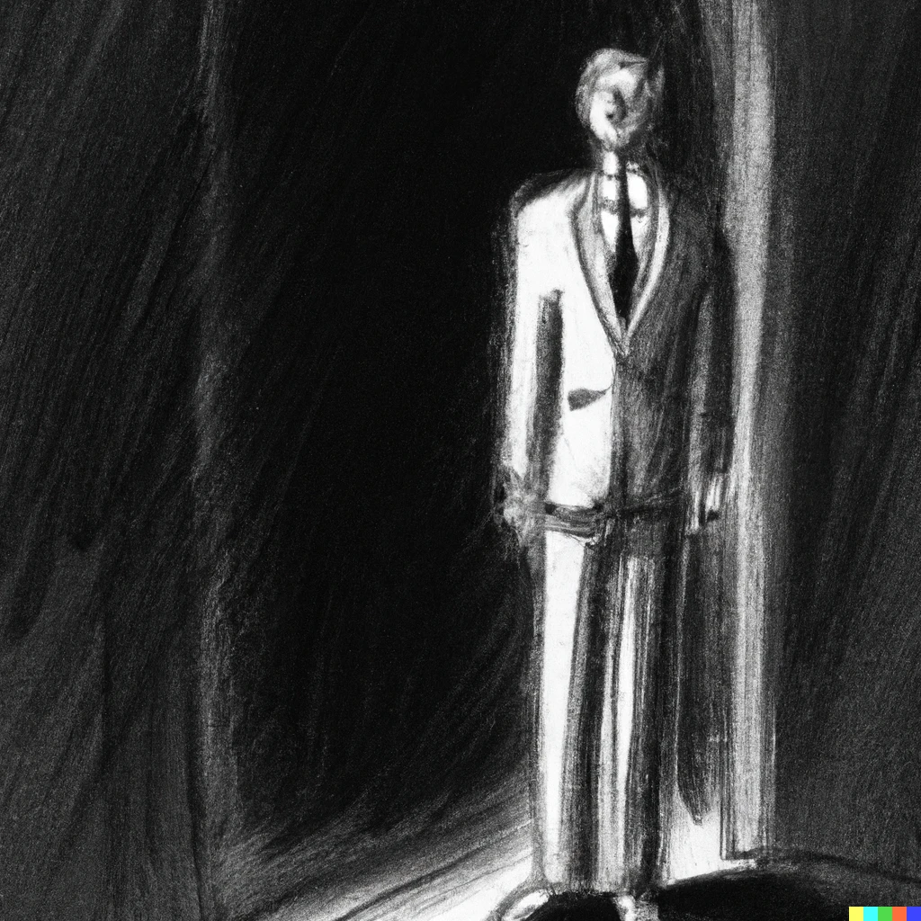 Prompt: A tall man in a suit and tie with pale skin standing eerily in a dimly lit doorway, sketched