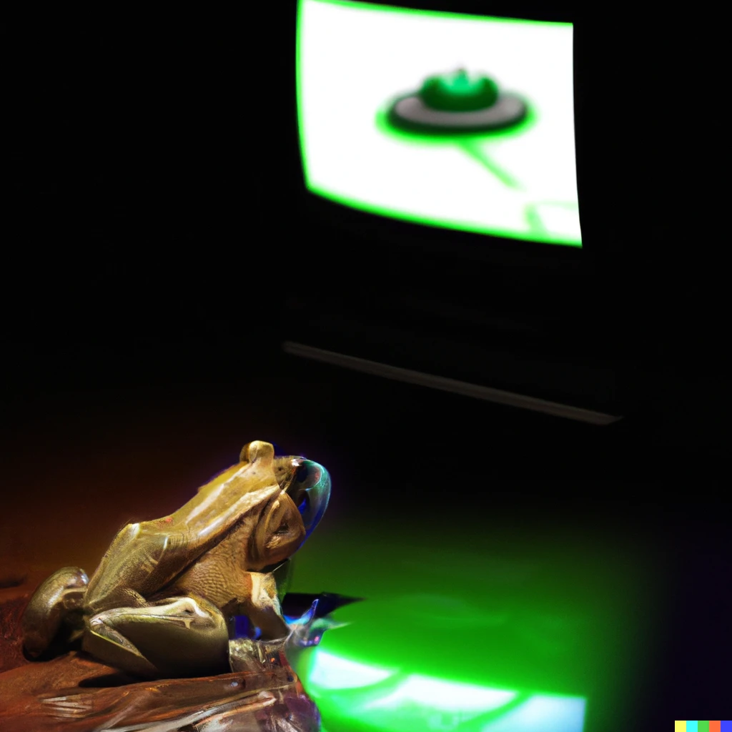Prompt: A frog staring at a crt television screen displaying a mine controlling illusion, photorealistic, tv is the only light source