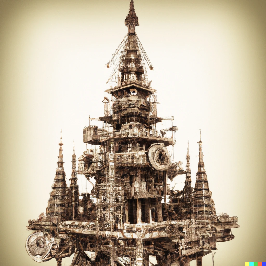 Prompt: Steampunk style art of shwedagon pagoda