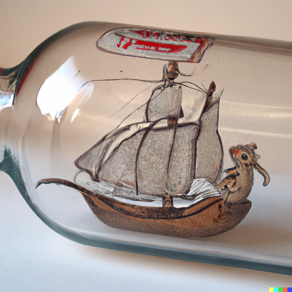 Prompt: A ship’s mouse in a bottle on an 18th century clipper drawn by a child