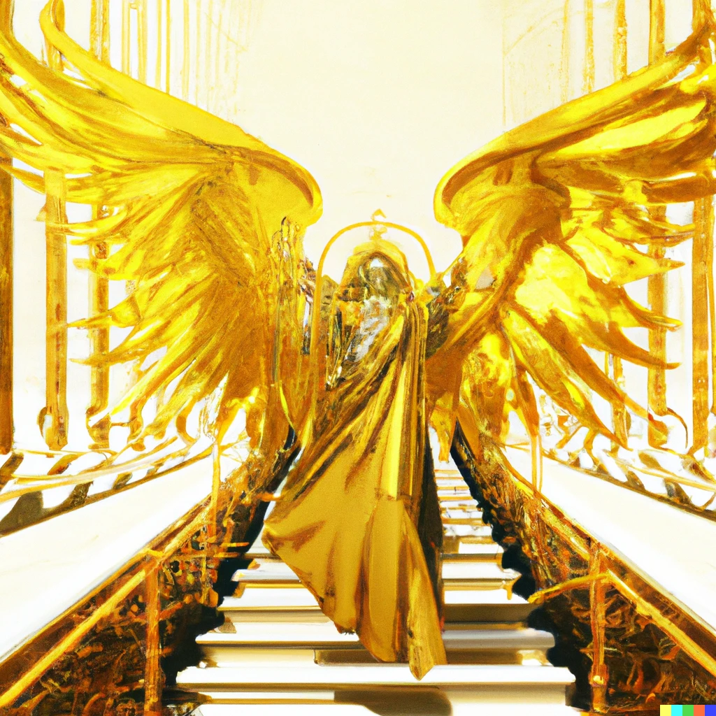 Prompt: a six-winged seraph, covered his two wings on his face and the other two wings on his feet and the last two for flight, going down the golden stairway in frontal view holding out his hand towards you in a heavenly golden palace