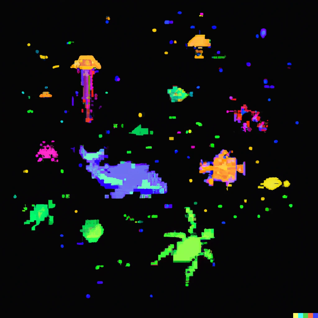 Prompt: a pixel art of underwater ocean with fishes, jellyfishes, turtles, and whales, in neon colors