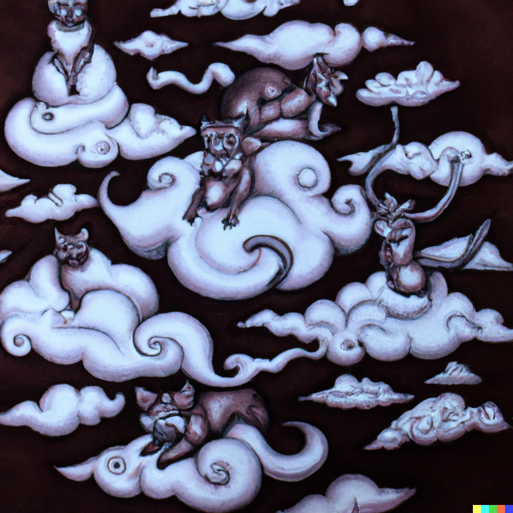 Prompt: A velvet painting of clouds made of cats in Dali style