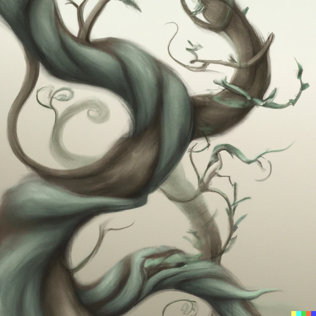 Prompt: dream of a tree with a thick trunk and long branches, digital art