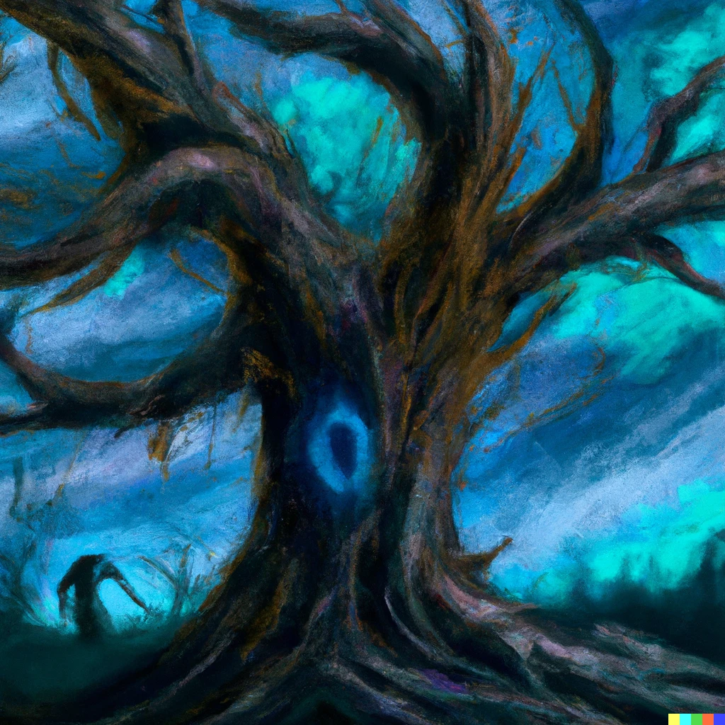 Prompt: nightmare of a tree with a thick trunk and long branches, digital art