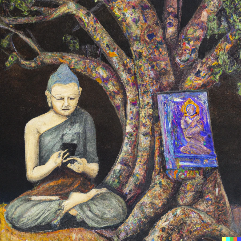 Prompt: Detailed colorful Oil painting of the Buddha sitting under a tree looking at his phone