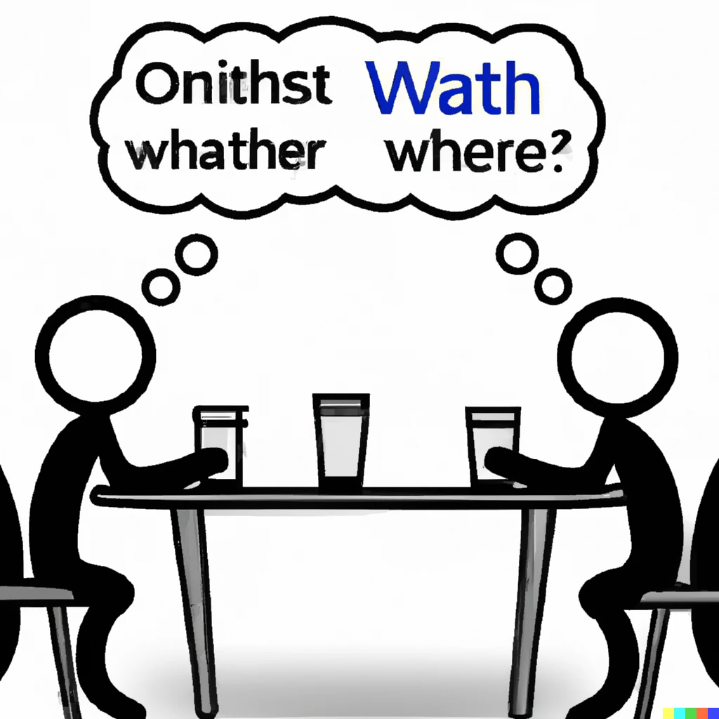 Prompt: an optimist and pessimist sitting at a table with a half-full - or half-empty glass between them. the optimist's thought bubble reads 'ooh-water! i bet we'll get to drink it!' while the pessimist's thought bubble reads 'drinking fluids postpones death but doesn't avert it.'