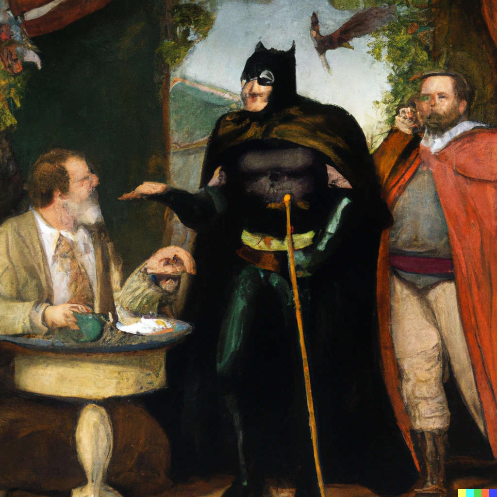 Prompt: Pre-Raphaelite painting of Batman and Robin being served tea by Alfred the butler