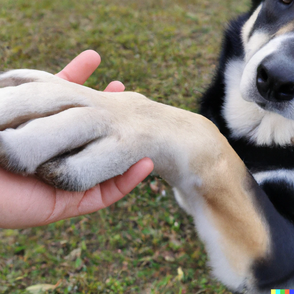 Prompt: Dog gives human a paw, friendship between human and dog, photorealistic