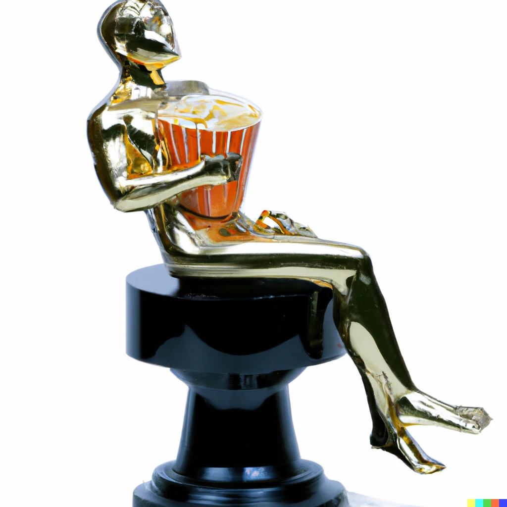 Prompt: The Oscar award statue sitting on its own base holding a pot of popcorn watching TV, photo realistic isolated