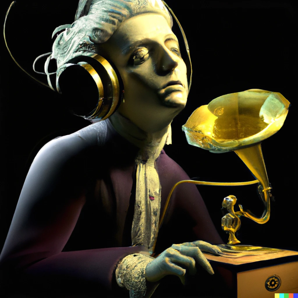 Prompt: Mozart listening to music relaxed with headphones connected to a Grammy Award, digital art