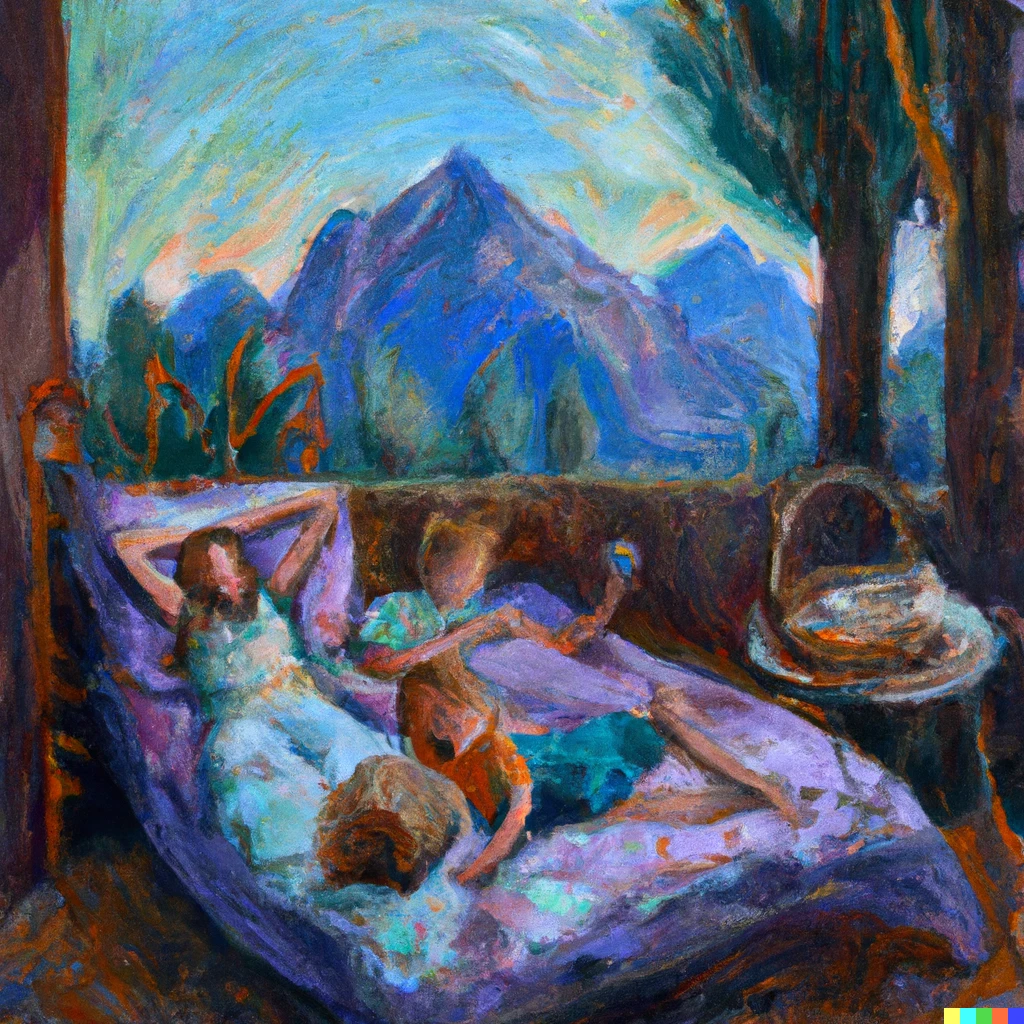 Prompt: Family waking up in the mountains on vacation in van gogh style