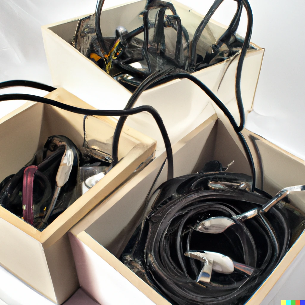 Prompt: A set of wine boxes filled with usb cables, electrical adapters, convertors and other cables.