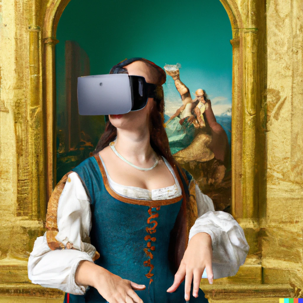 Prompt: Mona Lisa is wearing virtual reality headset, Renaissance era painting