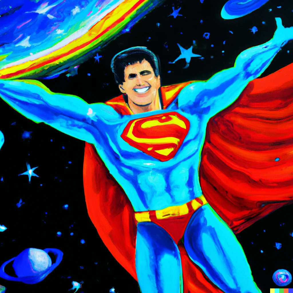 Prompt: A pop art painting of Superman in outer space, he is smiling with his arms outstretched, digital art