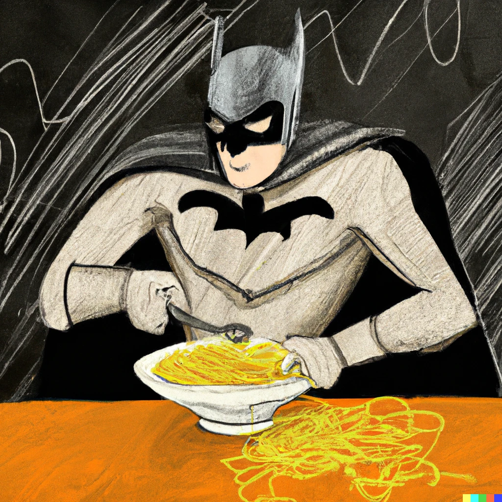 Prompt: Batman eating spaghetti at a table in an chalk style
