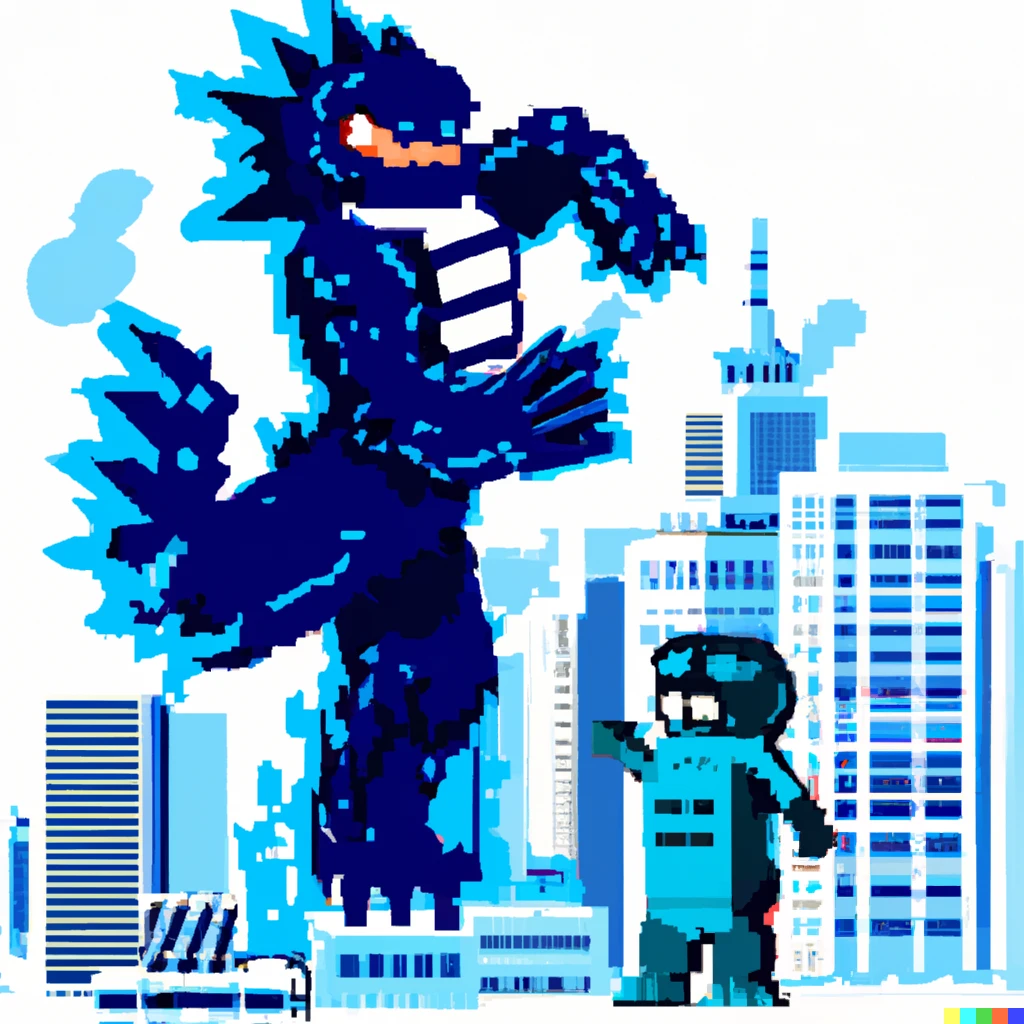 Prompt: Megaman fighting Godzilla in Tokyo in Nintendo style