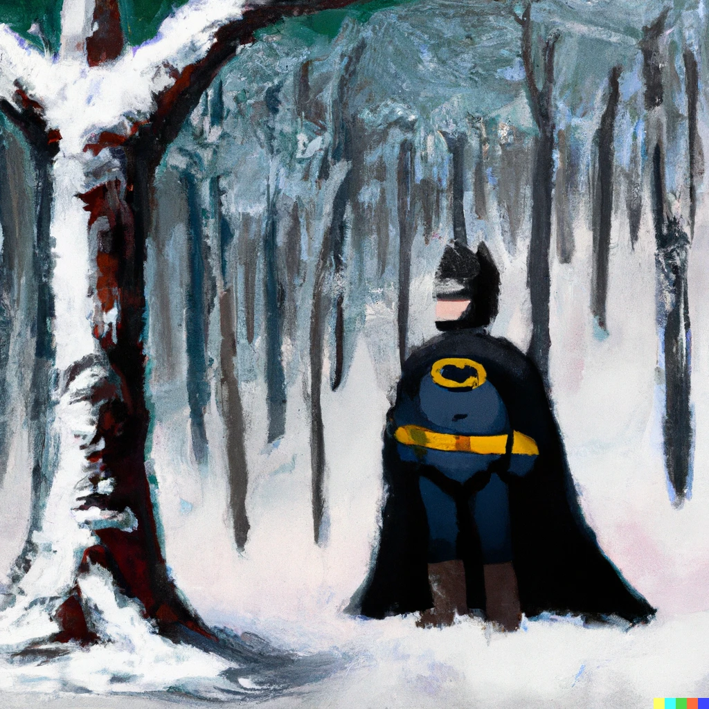 Prompt: Bob Ross painting of Batman in a snowy forest