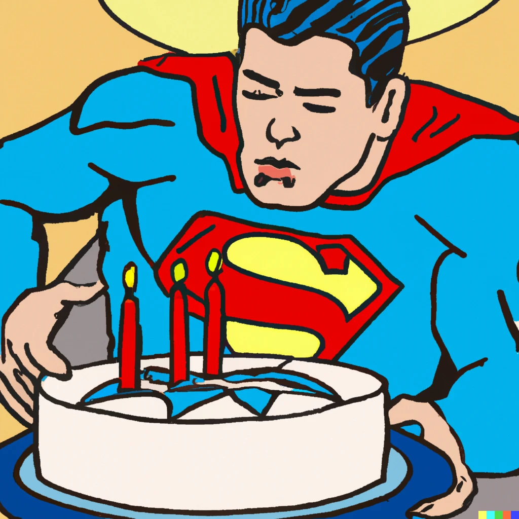 Prompt: Superman blowing out candles on a birthday cake in the style of Roy Lichtenstein