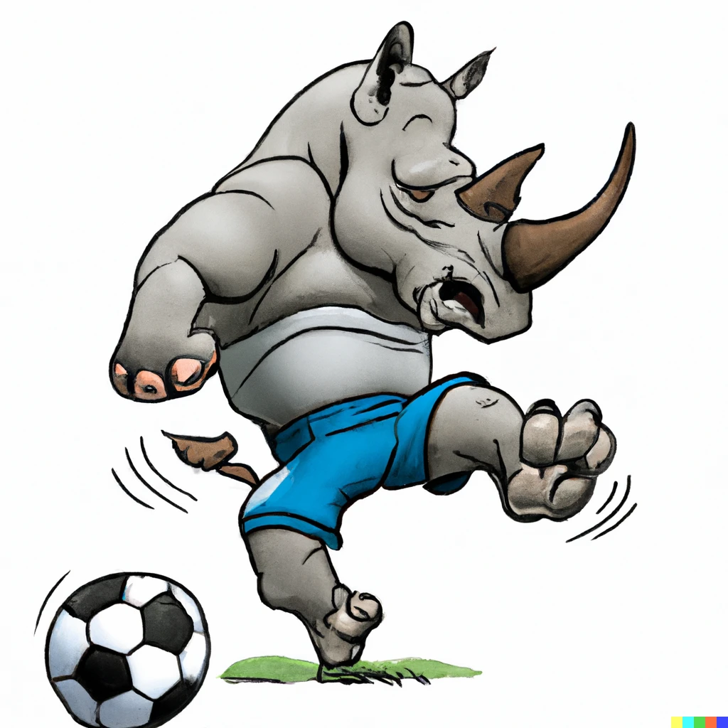 Prompt: rhino playing football super realistic
