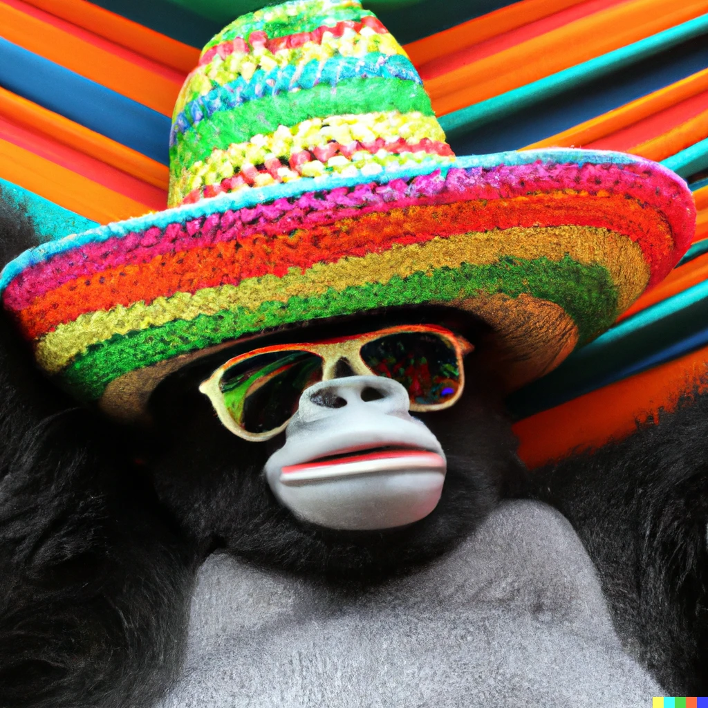 Prompt: a photo of a gorilla wearing sunglasses and a colorful sombrero laying in a hammock