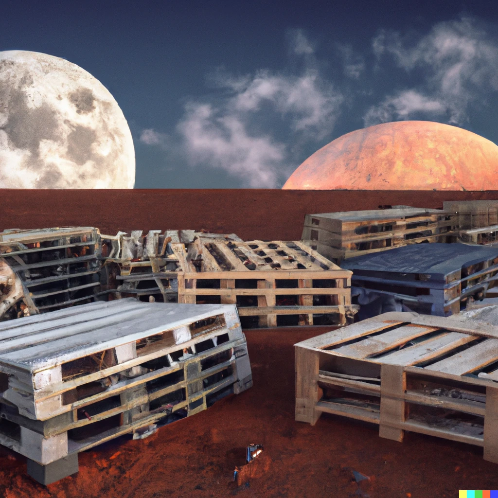 Prompt: Pallets and crates on mars
