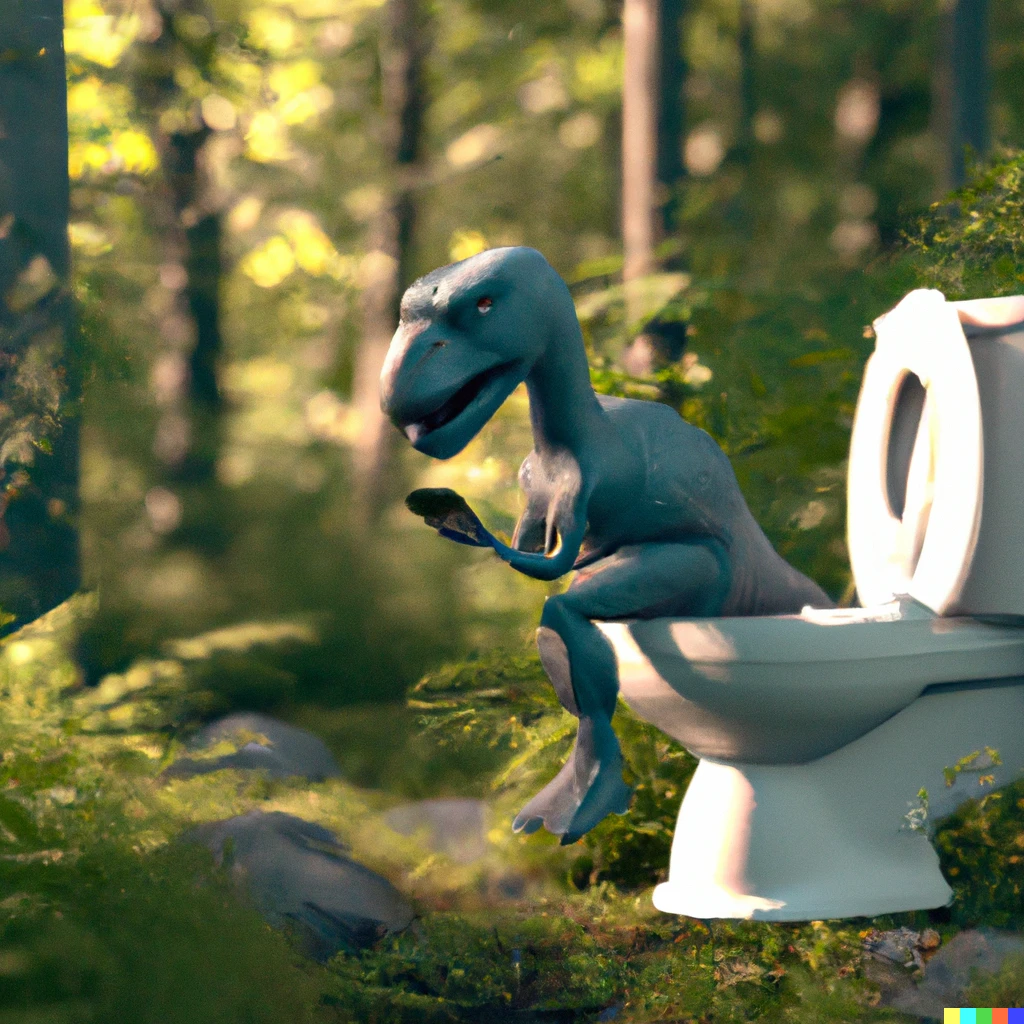 Prompt: 3D blender render of a trex checking twitter while sitting on the toilet in the forest, sad that he only has 250 followers