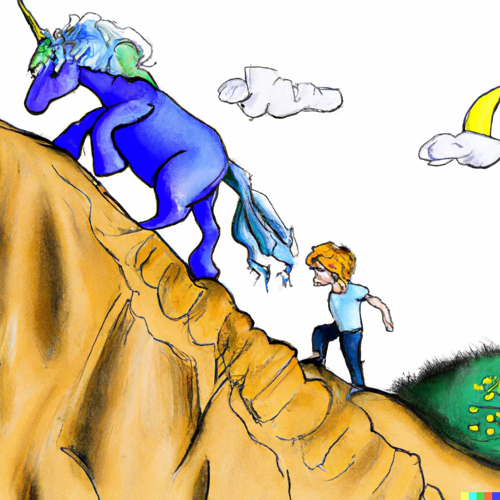 Prompt: A blue unicorn and a small boy climb a mountain in the style of Shel Silverstein