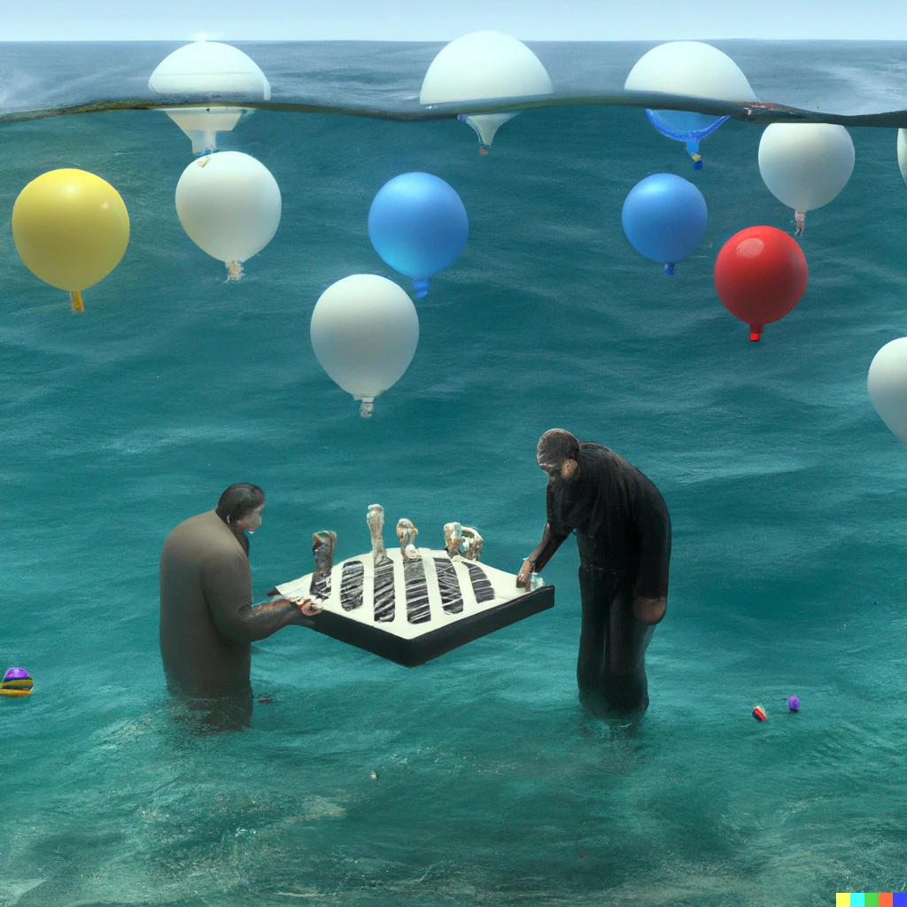 Prompt: two people playing chess under the sea as modelling balloons