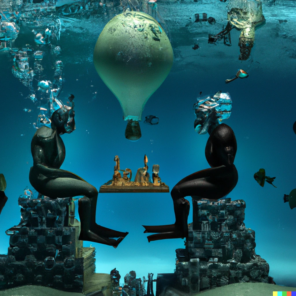 Prompt: two people playing chess under the sea as modelling balloons, artstation