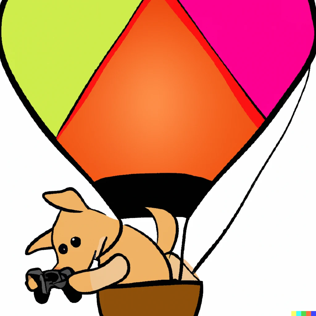 Prompt: A triangular dog playing a video game in a hot air balloon
