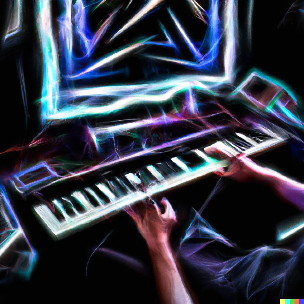 Prompt: Person on computer with a piano making electronic music painting trippy