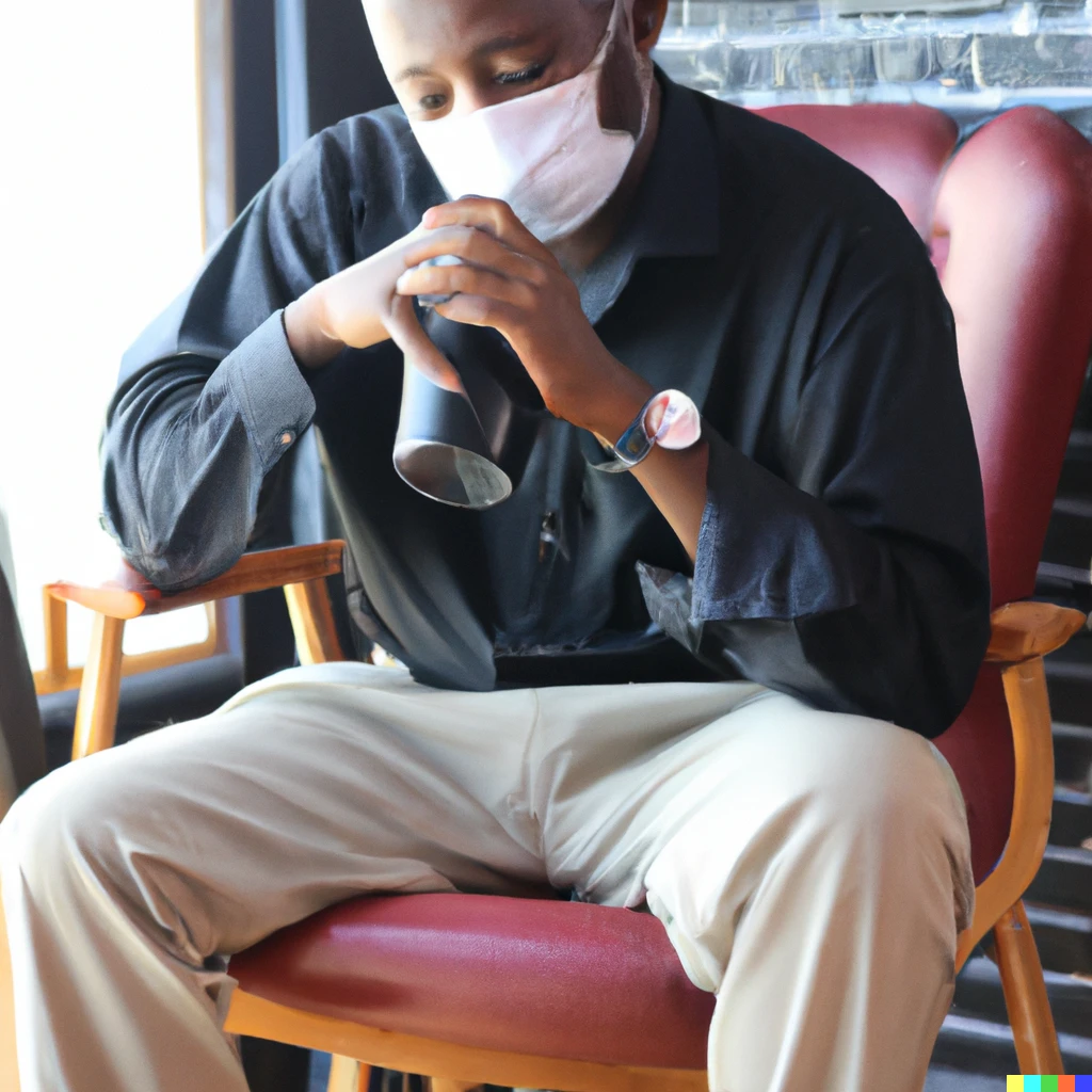 Prompt: A black man with  mask sit down on chair with coffee tax in his hand 