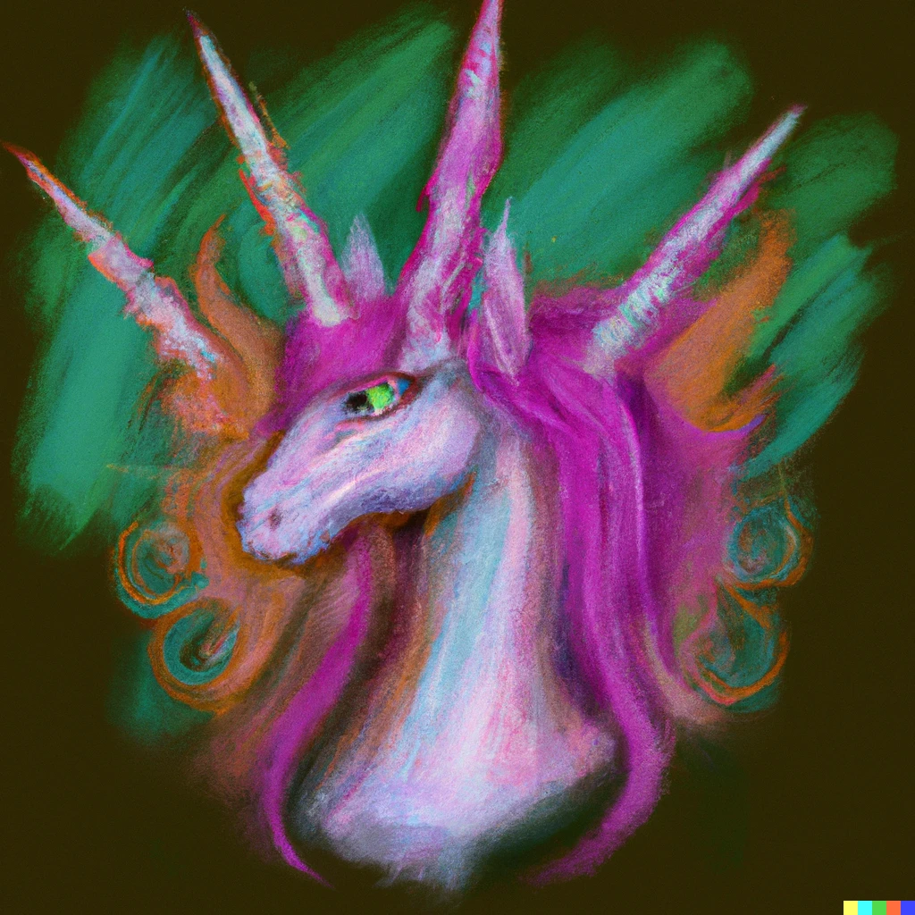 Prompt: a painting of a unicorn with four small horns