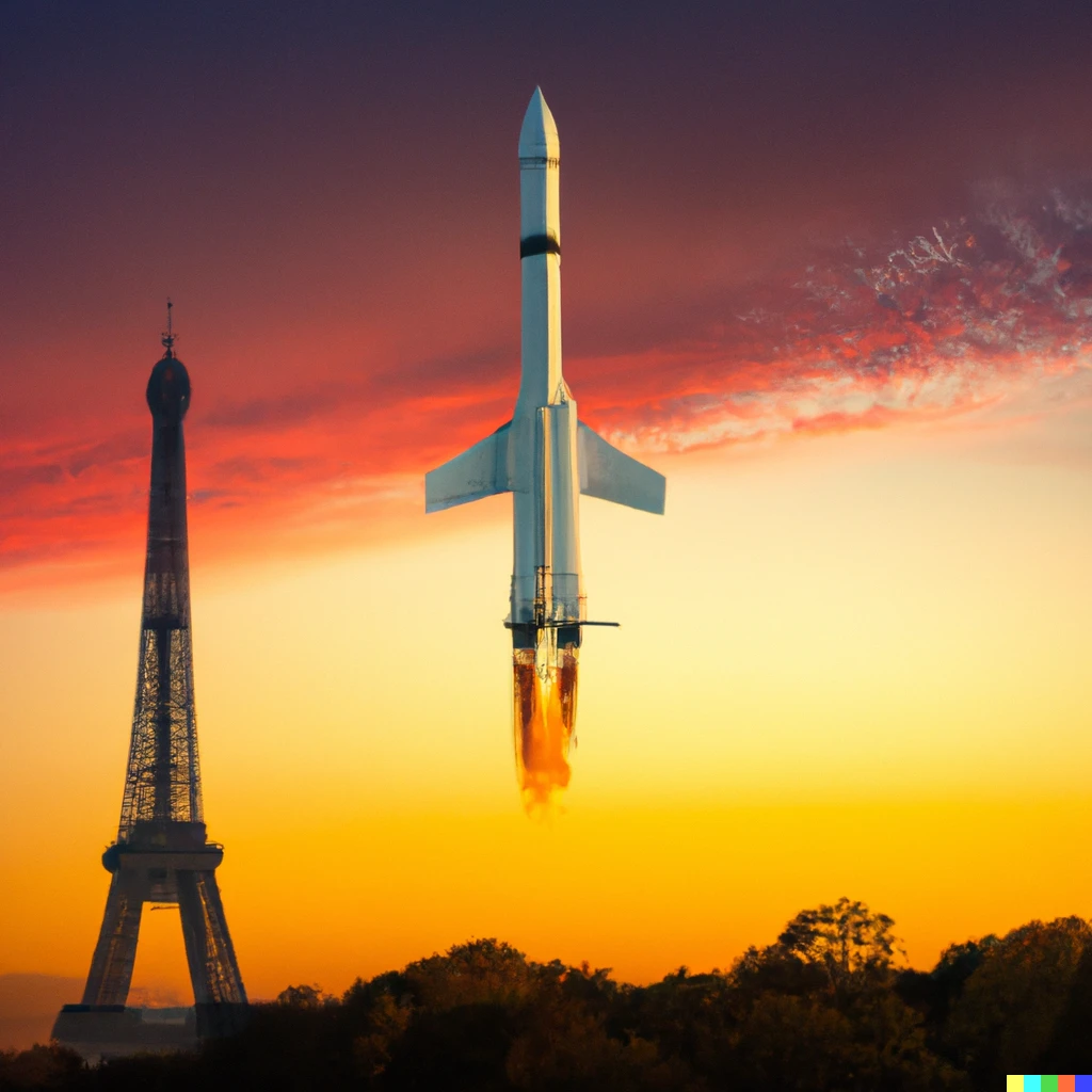 Prompt: SpaceX Falcon Heavy next to the Eiffel tower in Paris during lift off. Sunset
