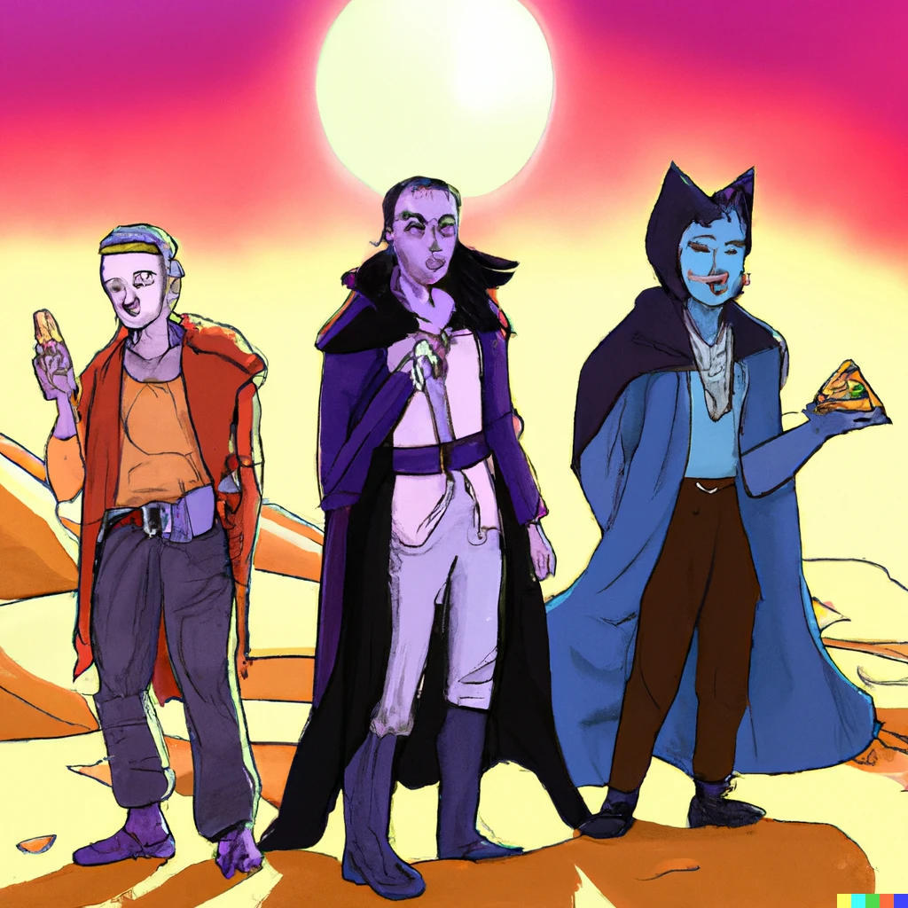 Prompt: a werewolf, a ghost, and and vampire eating ice cream walking through the desert in cyberpunk style