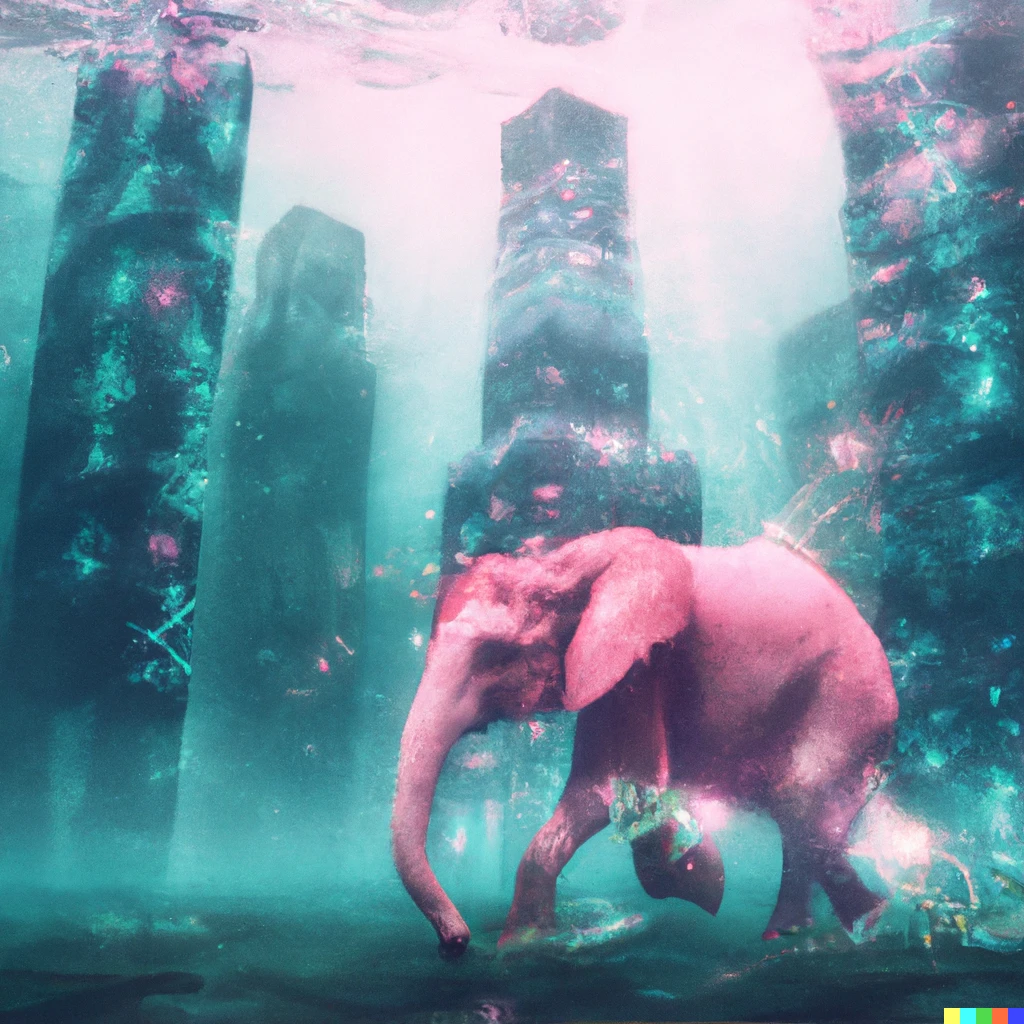 Prompt: Digital art, Pink elefant walking in an underwater city 