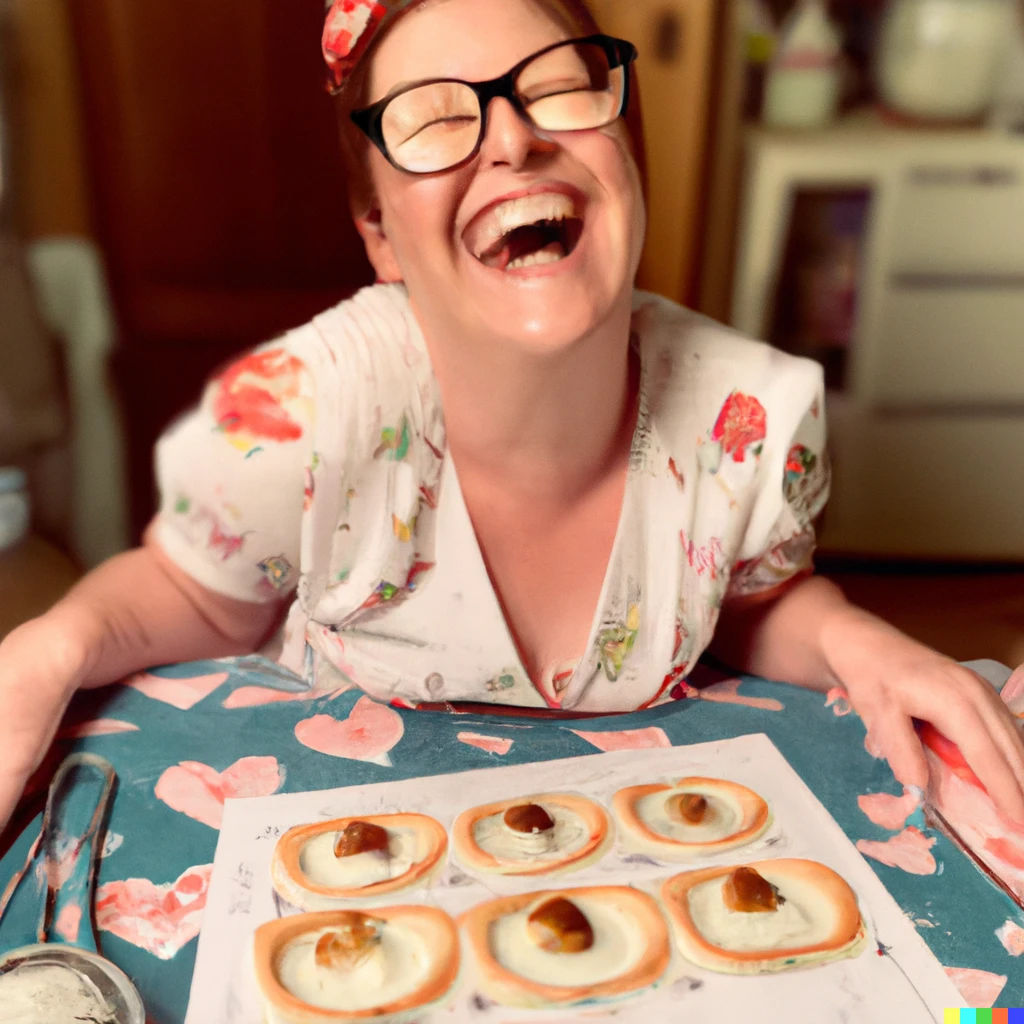 Prompt: Loab making tarts on the Great British Bake-Off and laughing because she’s having so much fun Hyperreal 