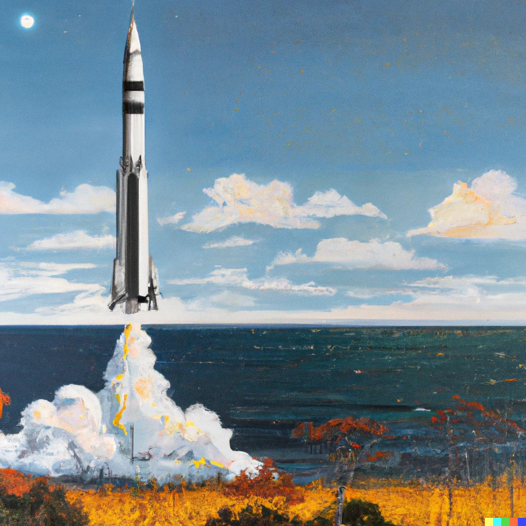 Prompt: A Saturn V rocket launch on a fall day overlooking the ocean, in the style of Winslow Homer